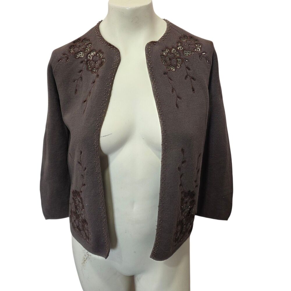 Vintage 100% Wool Beaded Cardigan Sweater Brown Floral‎ Lace Open Front 36